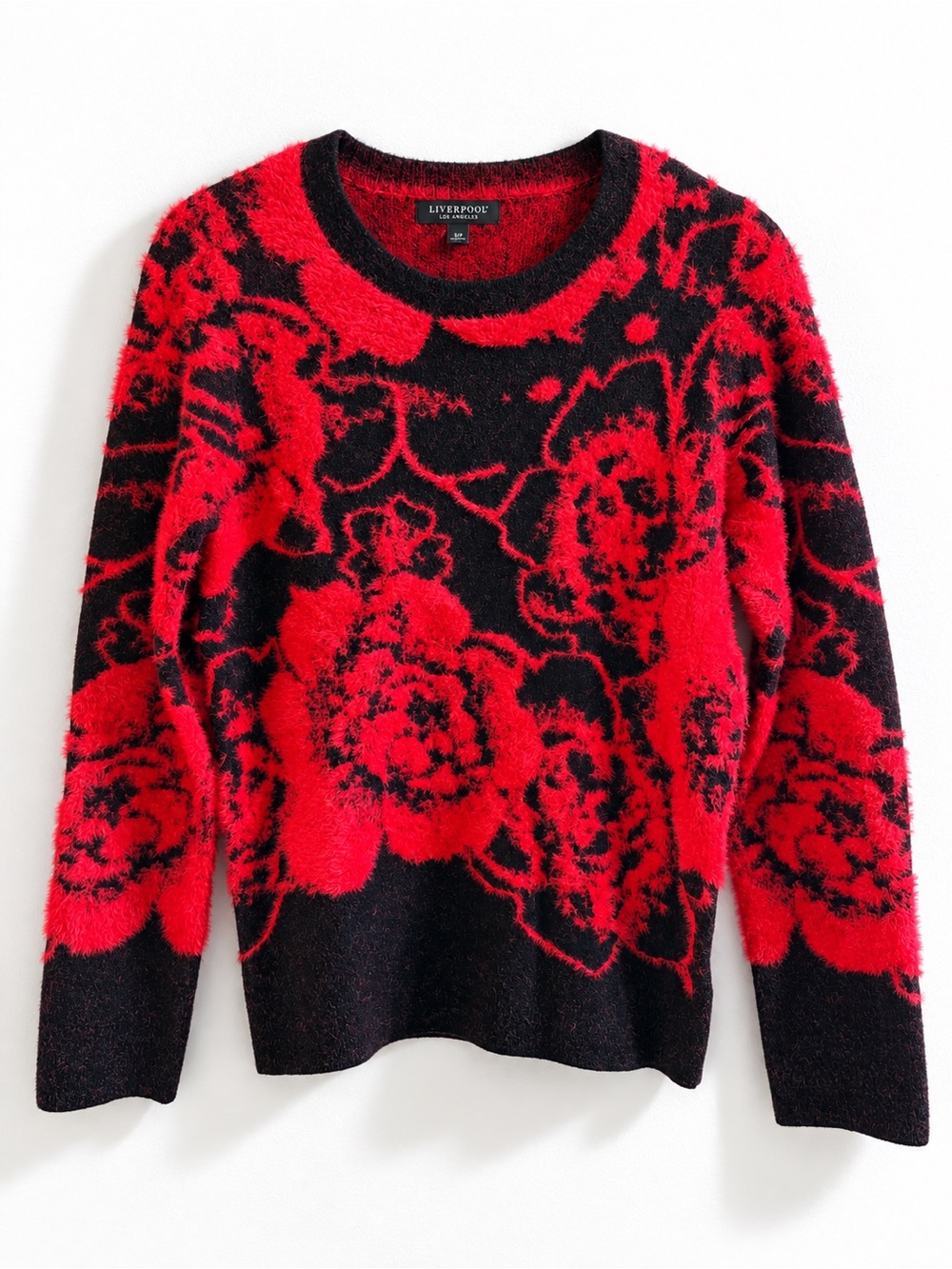 Liverpool Los Angeles Fuzzy Floral Crew Neck Sweater Black Red Rose XS